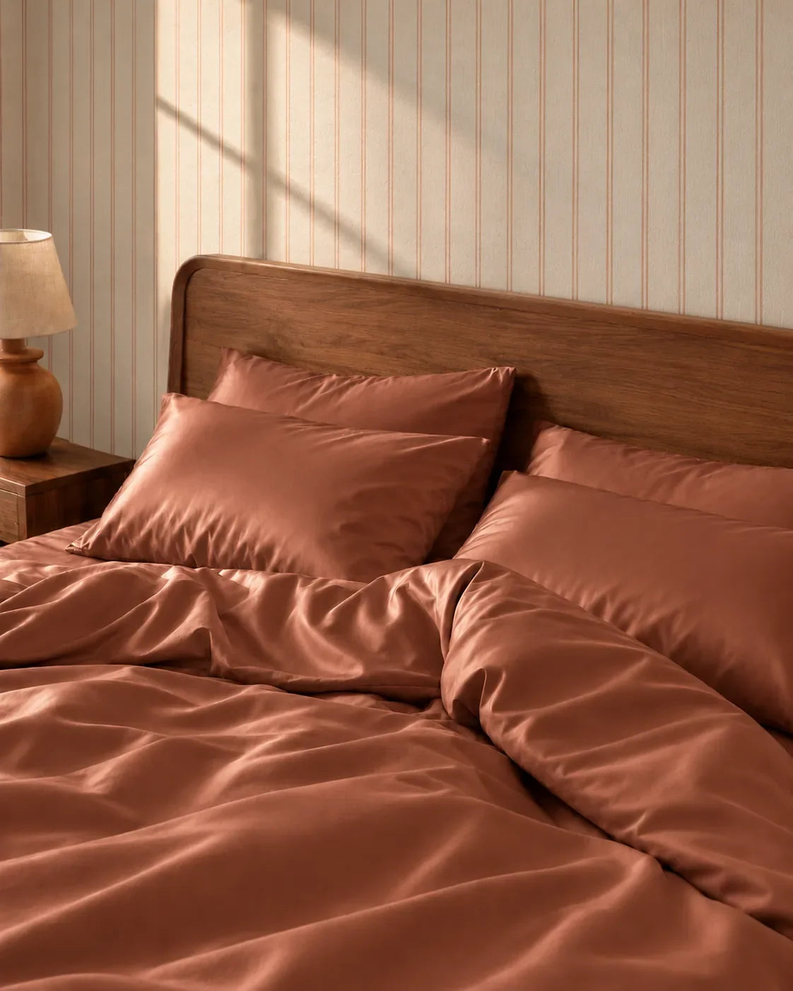 Chambre aux tons terracotta, housse de couette en satin de coton | Julie Lavarière
