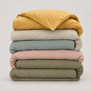 Housses de couette unies jaune sucre, sable, vert lichen, flamand rose et olive en percale de coton 80 fils, en précommande | Julie Lavarière
